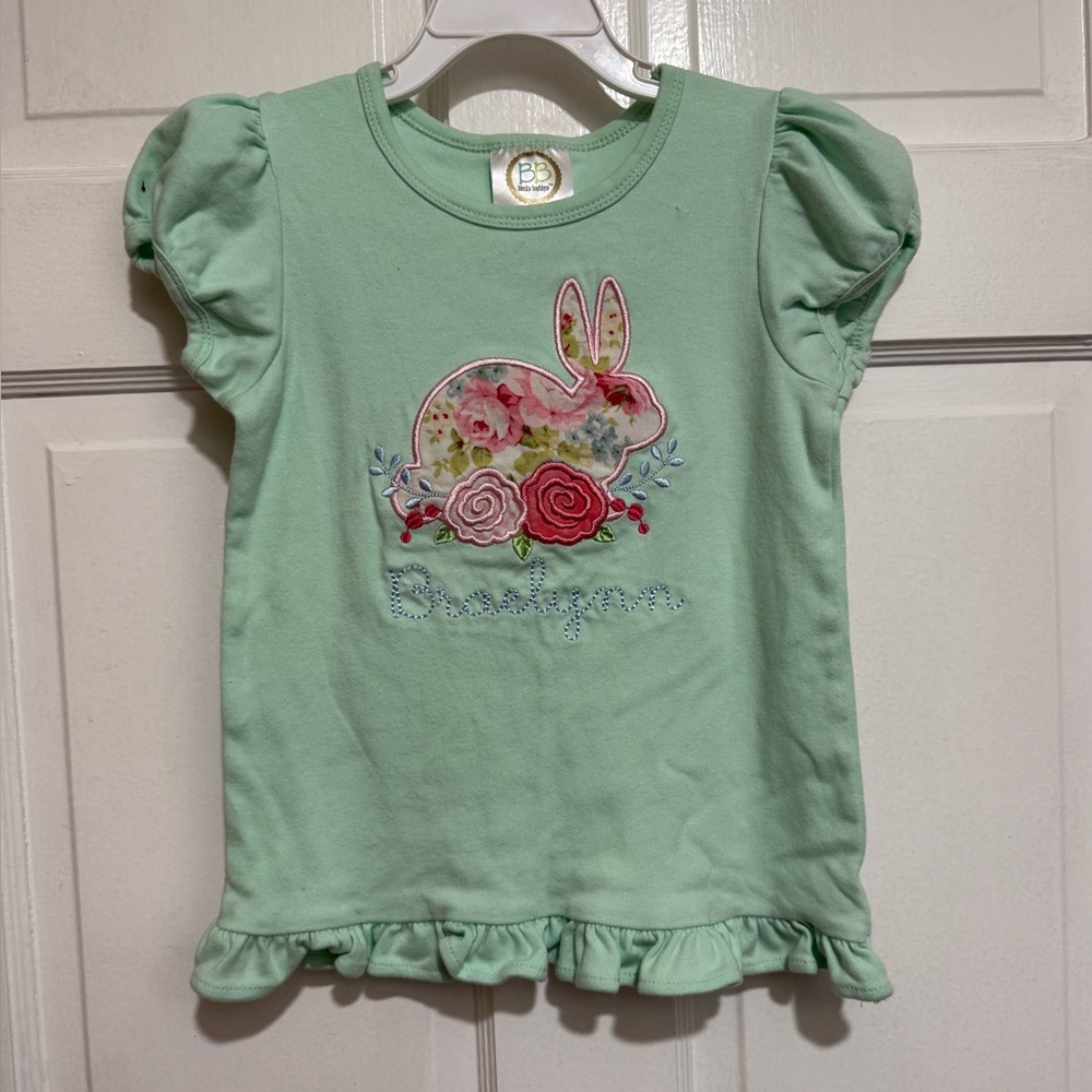 Size 6 Girls Monogrammed “Braelynn” Rabbit Spring Easter Appliqué Green Shirt